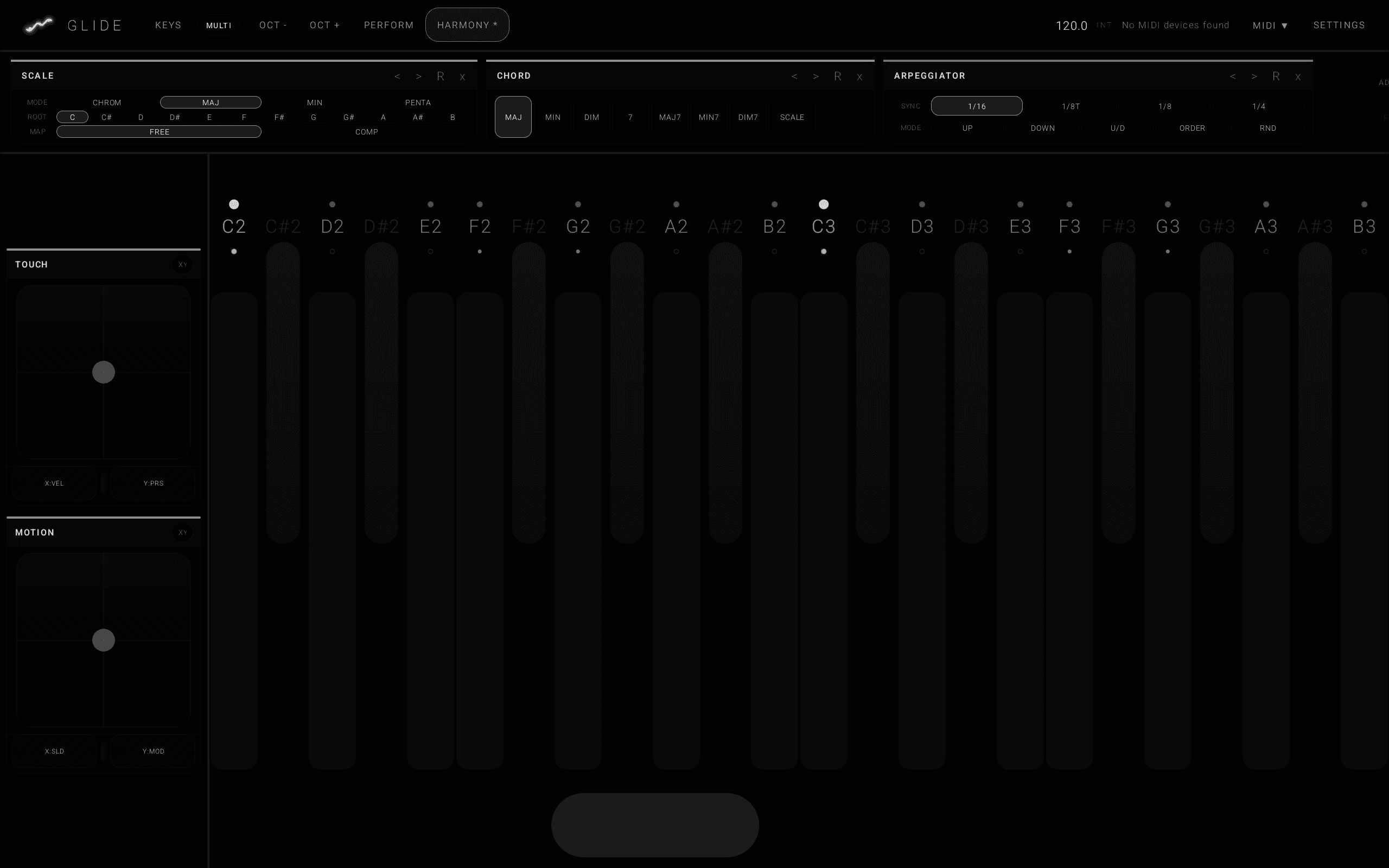 Glide Android app in the Void theme showing the expressive keyboard and harmony controls